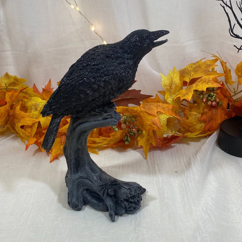 Halloween Resin Black Crow Raven On A Branch Figurine Decor Prop Decor 10.5" New